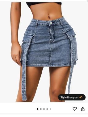 Amazon Essentials Blue Denim Cargo Mini Skirt with Strap Details